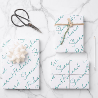 Teal blue script calligraphy names wedding wrapping paper sheets