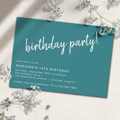 Teal Blue Sea Green  Modern Casual Birthday Party Invitation