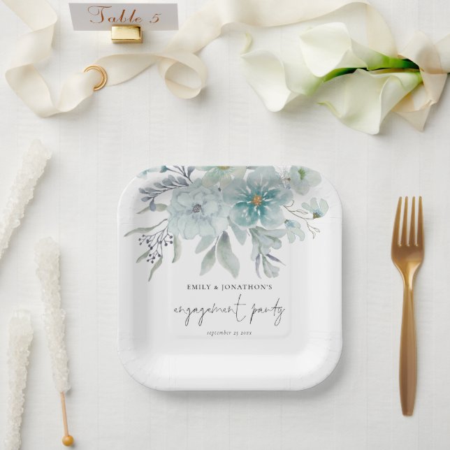 Teal Blue Sea Mist Florals Script Engagement Party Paper Plates (Wedding)