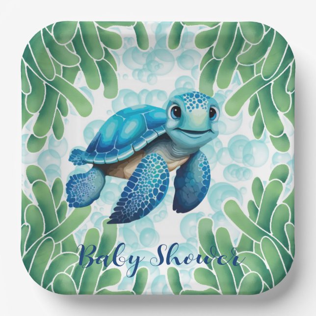 Teal Blue Sea Turtle Boy Baby Shower Paper Plates (Front)