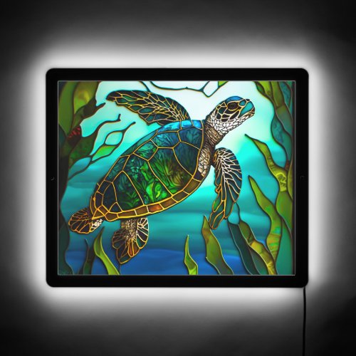 Teal Blue Sea Turtle Faux Stained Glass Wall light LED Sign