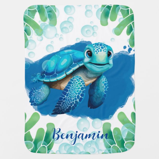 Teal Blue Sea Turtle Seaweed Baby Boy Gift Blanket (Front)
