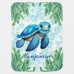 Teal Blue Sea Turtle Seaweed Baby Boy Gift Blanket