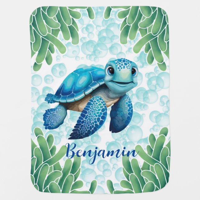 Teal Blue Sea Turtle Seaweed Baby Boy Gift Blanket (Front)