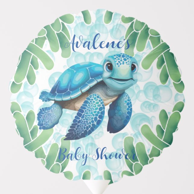 Teal Blue Sea Turtle Seaweed Boy Baby Shower  Balloon (Front)