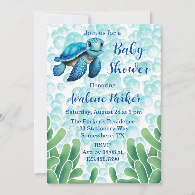 Teal Blue Sea Turtle Seaweed Boy Baby Shower Invitation (Front)
