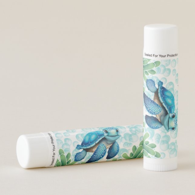 Teal Blue Sea Turtle Seaweed Boy Baby Shower Lip Balm (Front)