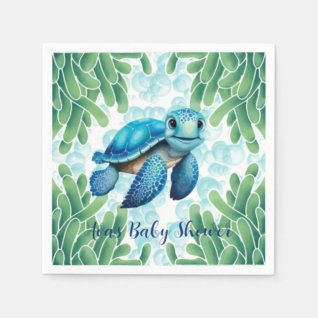 Teal Blue Sea Turtle Seaweed Boy Baby Shower Napkins (Front)
