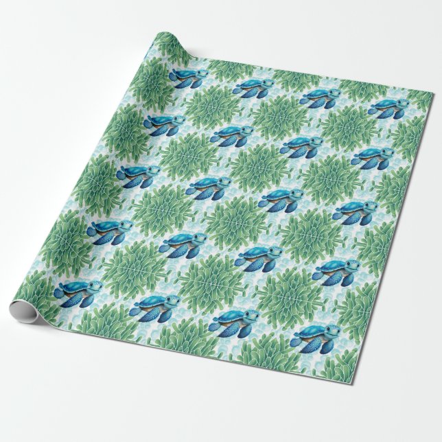Teal Blue Sea Turtle Seaweed Boy Baby Shower Wrapping Paper (Unrolled)