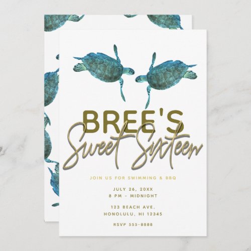 Teal Blue Sea Turtles Beach Gold Sweet 16 Party  Invitation