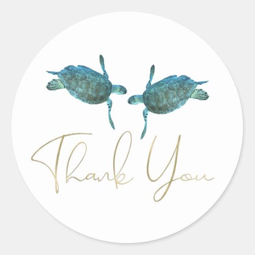 Teal Blue Sea Turtles Elegant Gold Beach Wedding Classic Round Sticker