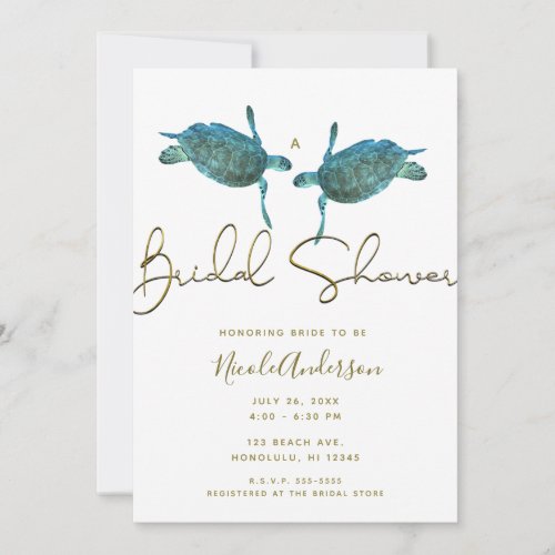 Teal Blue Sea Turtles Gold Beach Bridal Shower  Invitation