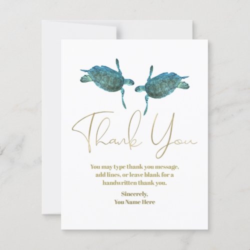 Teal Blue Sea Turtles Gold Beach Wedding Thank You Invitation