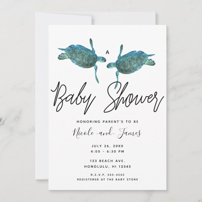 Teal Blue Sea Turtles Ocean Beach Baby Shower  Invitation (Front)