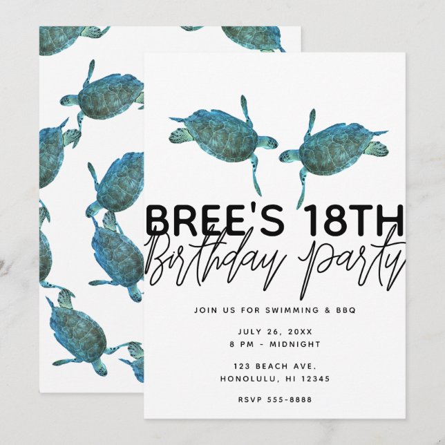 Teal Blue Sea Turtles Ocean Beach Birthday Party Invitation (Front/Back)