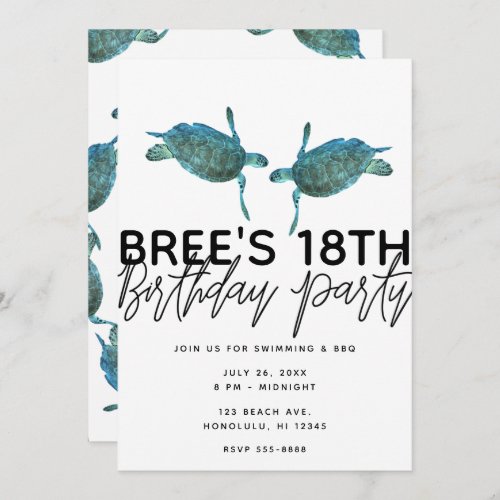 Teal Blue Sea Turtles Ocean Beach Birthday Party Invitation