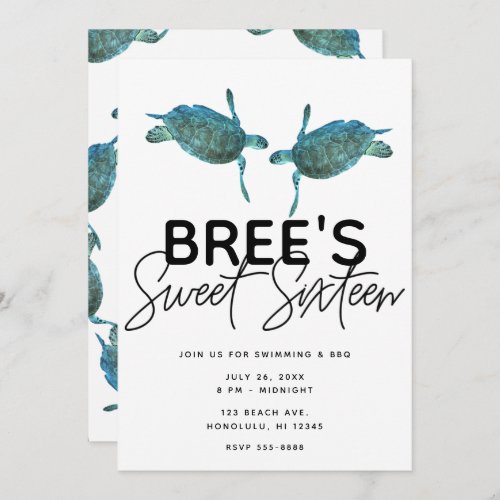 Teal Blue Sea Turtles Ocean Beach Sweet 16 Party I Invitation