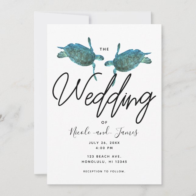 Teal Blue Sea Turtles Ocean Elegant Beach Wedding Invitation (Front)