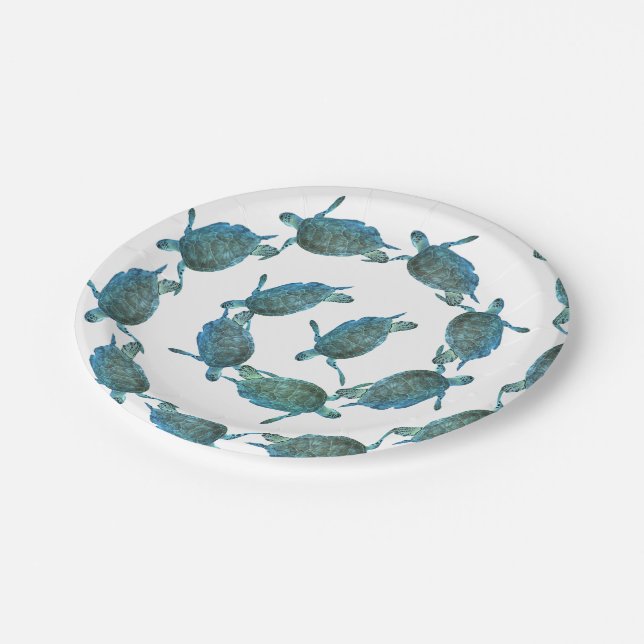 Teal Blue Sea Turtles Ocean Elegant Beach Wedding Paper Plates (Angled)