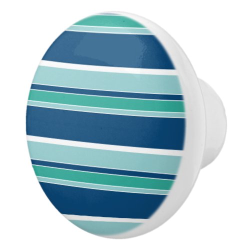 Teal Blue Seafoam Green White Stripes Pattern Ceramic Knob