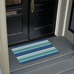 Teal Blue Seafoam Green White Stripes Pattern Doormat