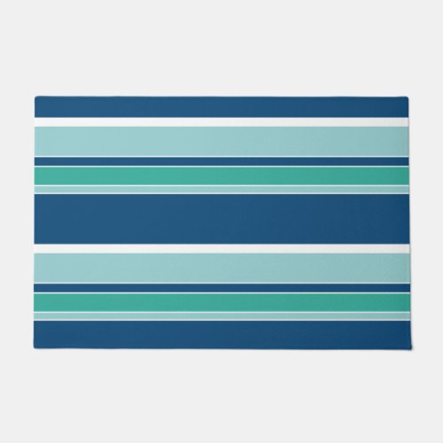 Teal Blue Seafoam Green White Stripes Pattern Doormat