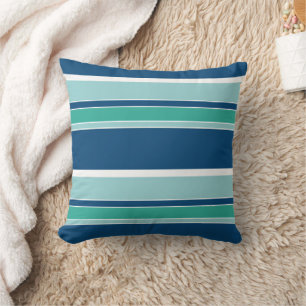 Teal Blue Seafoam Green White Stripes Pattern Throw Pillow