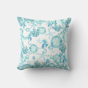 Teal Blue Seahorse Sanddollar Seashell Coral Reef Throw Pillow
