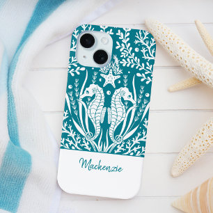 Teal Blue Seahorses Personalized iPhone 15 Case
