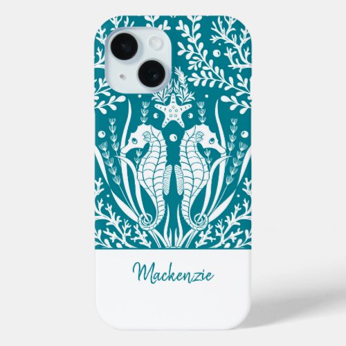 Teal Blue Seahorses Personalized iPhone 15 Case