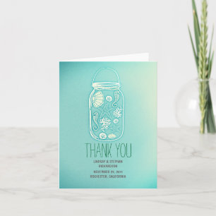 teal blue seashells mason jar wedding thank you