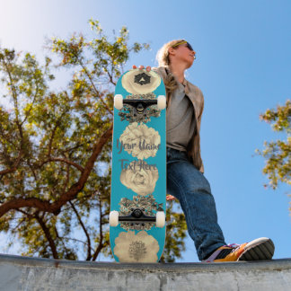 Teal Blue Sepia Flower Skateboard
