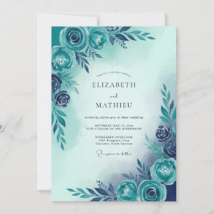 Teal Blue Serene Botanical Wedding Invitation
