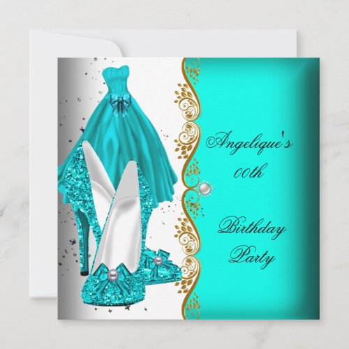 Teal Blue Shoes Dress Gold White Birthday Party Invitation