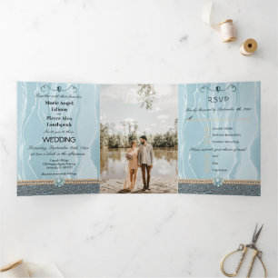 Teal Blue Silk & Foil, Orange Pearls, Diamonds Tr Tri-Fold Invitation