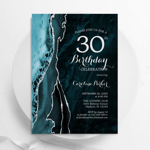 Teal Blue Silver Agate 30th Birthday Invitation
