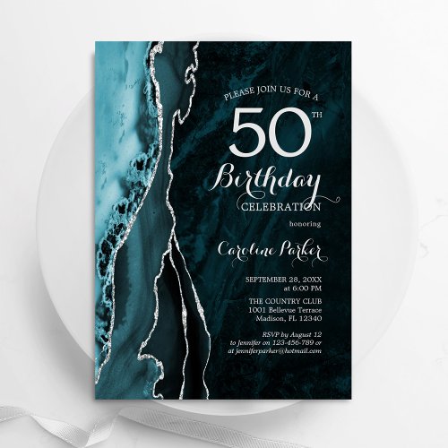 Teal Blue Silver Agate 50th Birthday Invitation