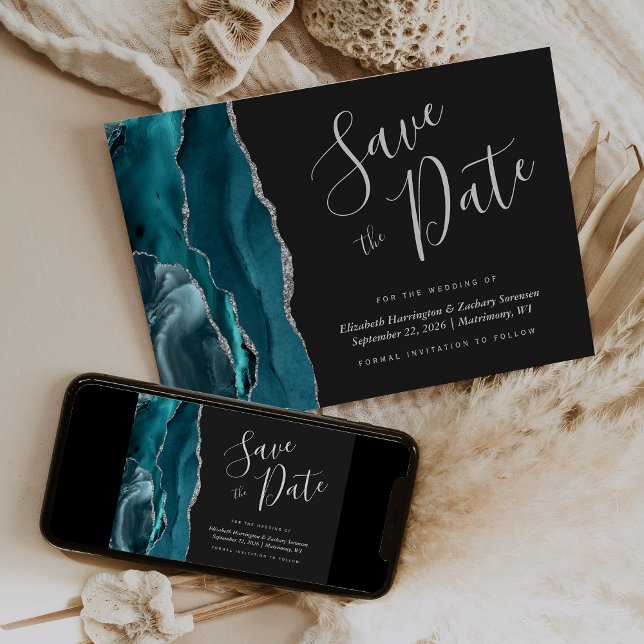 Teal Blue Silver Agate Dark Save the Date Card (Creator Uploaded)