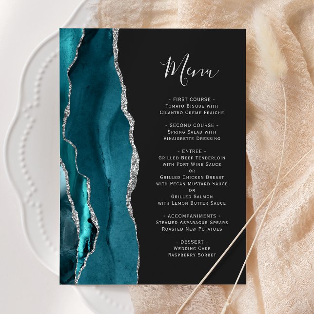 Teal Blue Silver Agate Dark Wedding Menu (Creator Uploaded)