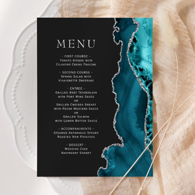 Teal Blue Silver Agate Dark Wedding Menu (Creator Uploaded)