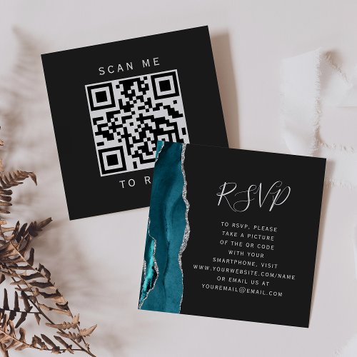 Teal Blue Silver Agate Dark Wedding QR Code RSVP Enclosure Card