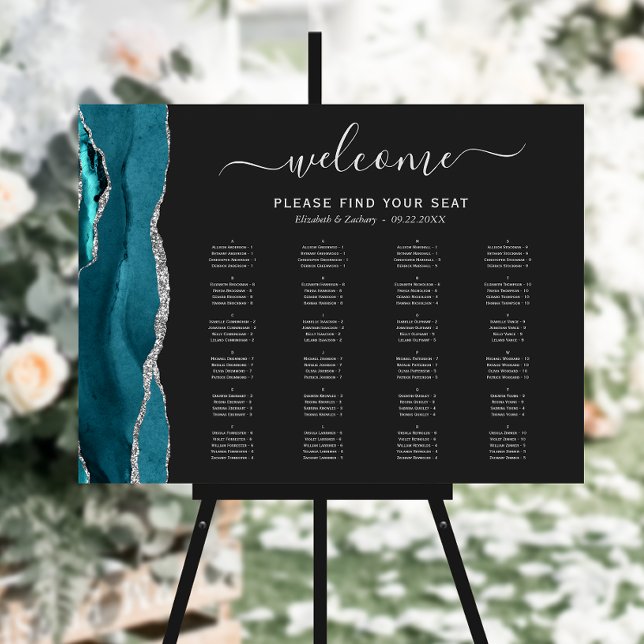 Teal Blue Silver Agate Dark Wedding Seating Chart Foam Board (Creator Uploaded)