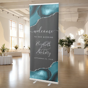 Teal Blue Silver Agate Dark Wedding Welcome Retractable Banner