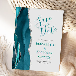 Teal Blue Silver Agate Gray Save the Date Announcement Postcard