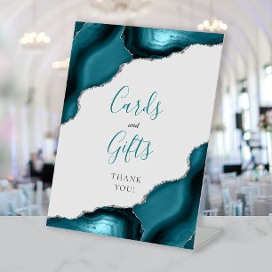 Teal Blue Silver Agate Gray Wedding Cards & Gifts Pedestal Sign