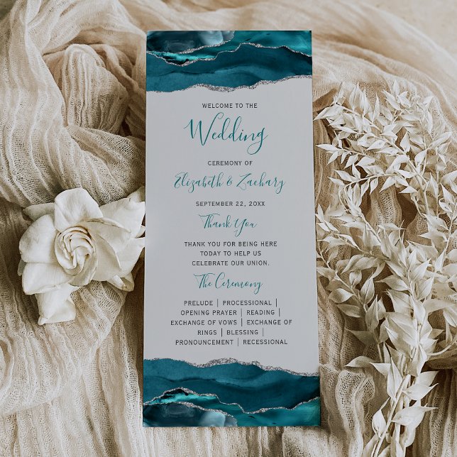 Teal Blue Silver Agate Gray Wedding Program (Creator Uploaded)