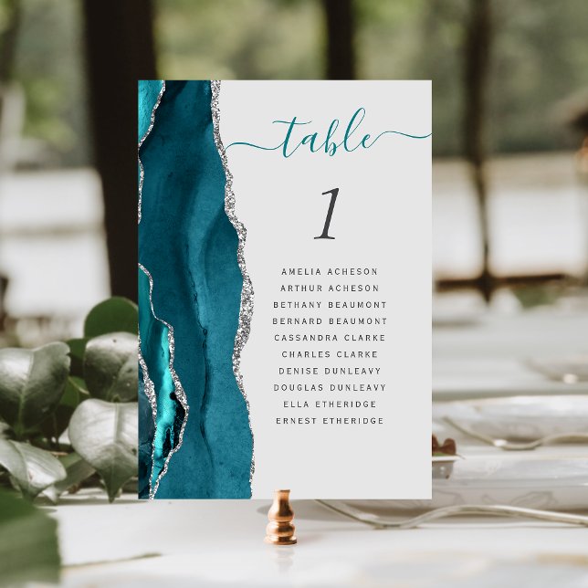 Teal Blue Silver Agate Gray Wedding Table Number (Creator Uploaded)