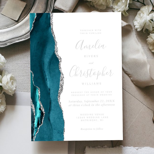 Teal Blue Silver Agate Modern Script Wedding Foil Invitation (Creator Uploaded)