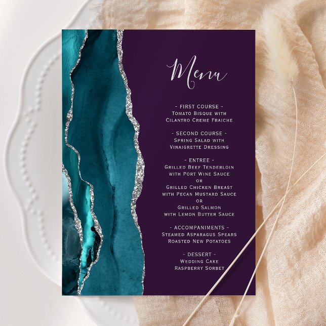 Teal Blue Silver Agate Purple Wedding Menu (Creator Uploaded)