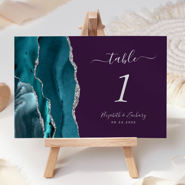 Teal Blue Silver Agate Purple Wedding Table Number (Creator Uploaded)